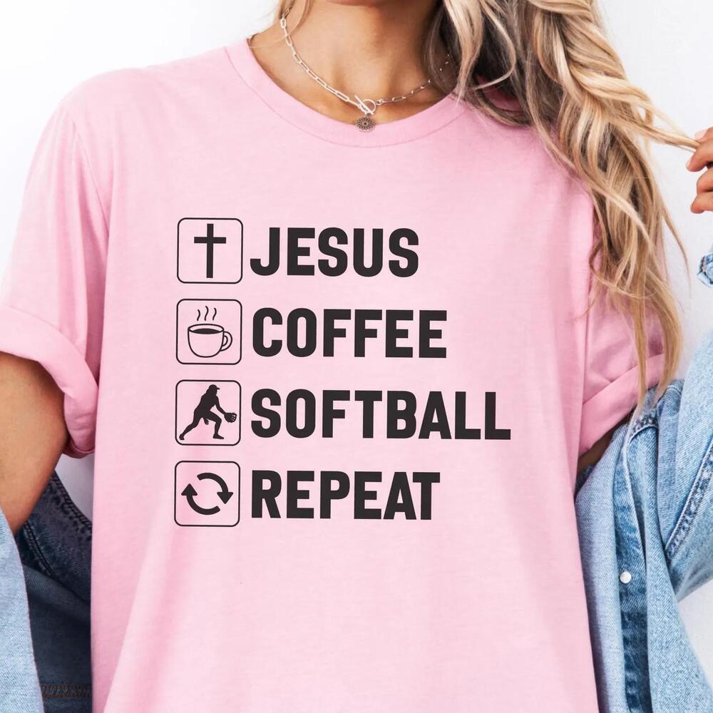 Jesus Coffee Softball Repeat T-Shirt, Christian Faith Shirt